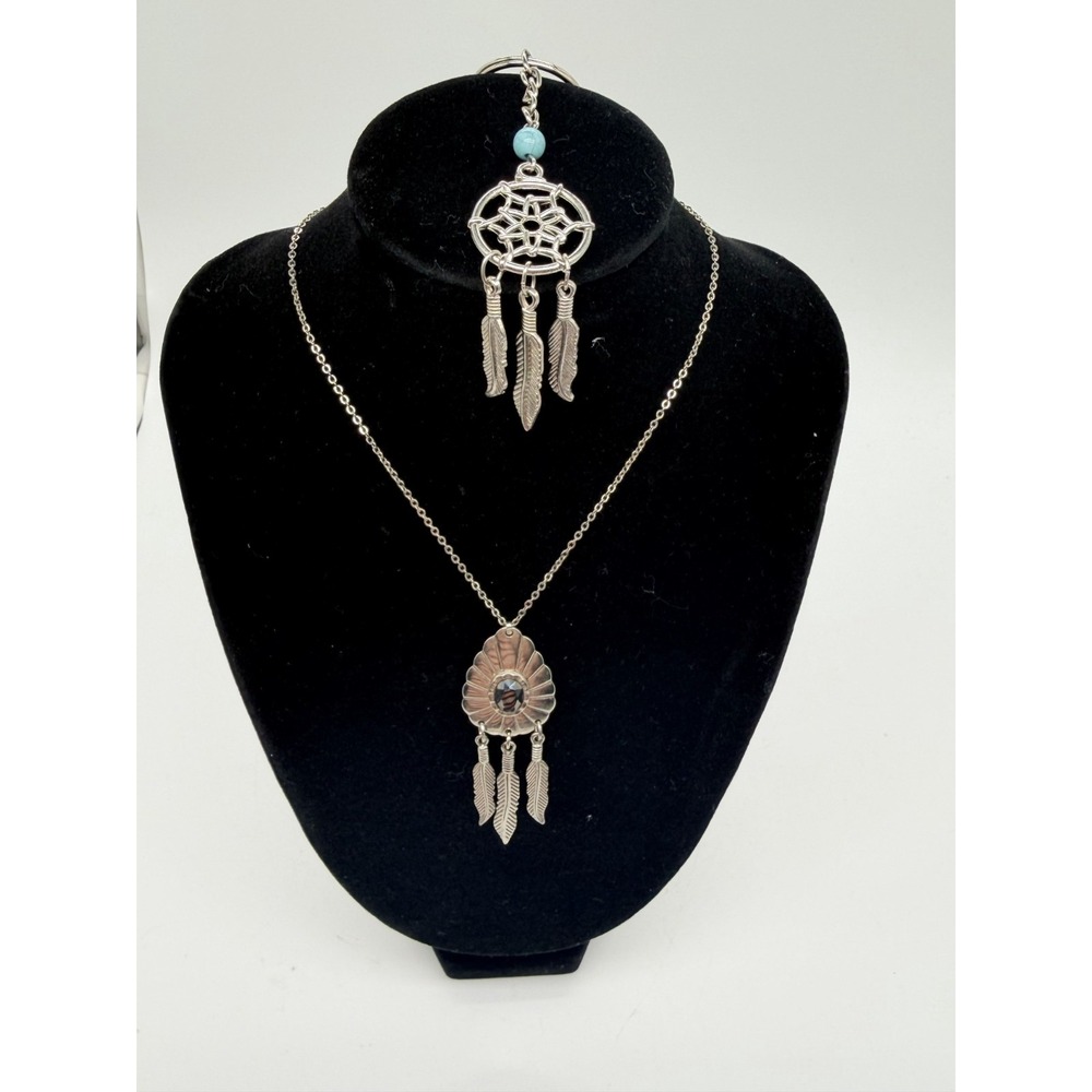 Dreamcatcher Feather Pendant Silver Tone Necklace & Matching Keychain Set